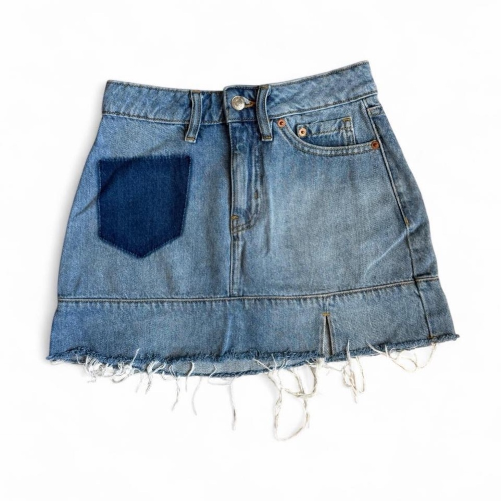 High Waisted Blue Denim Mini Skirt with Frayed Hem